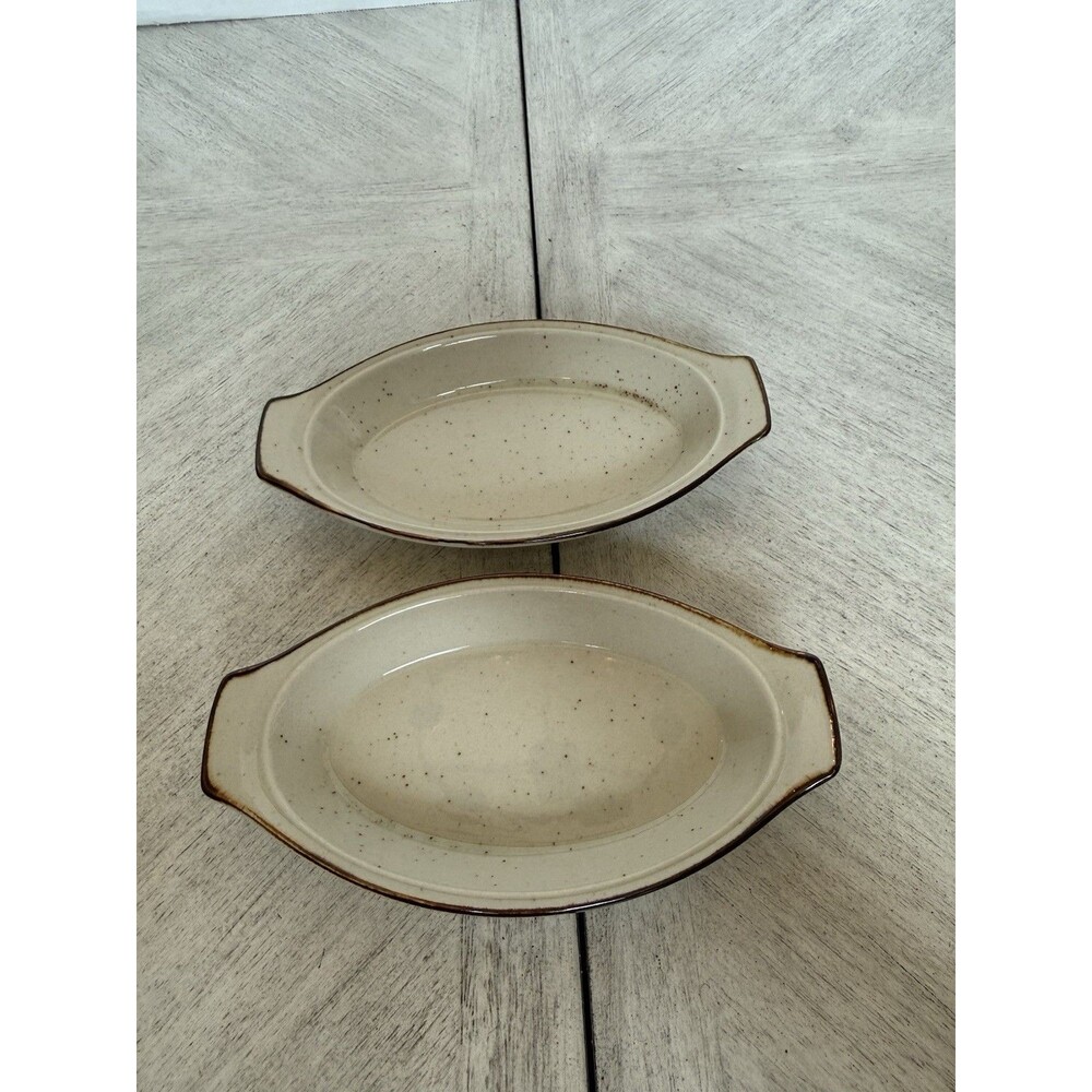 Toscany Japan Stoneware Baja Individual Casserole Dish Ivory w Brown Trim 2 Pcs